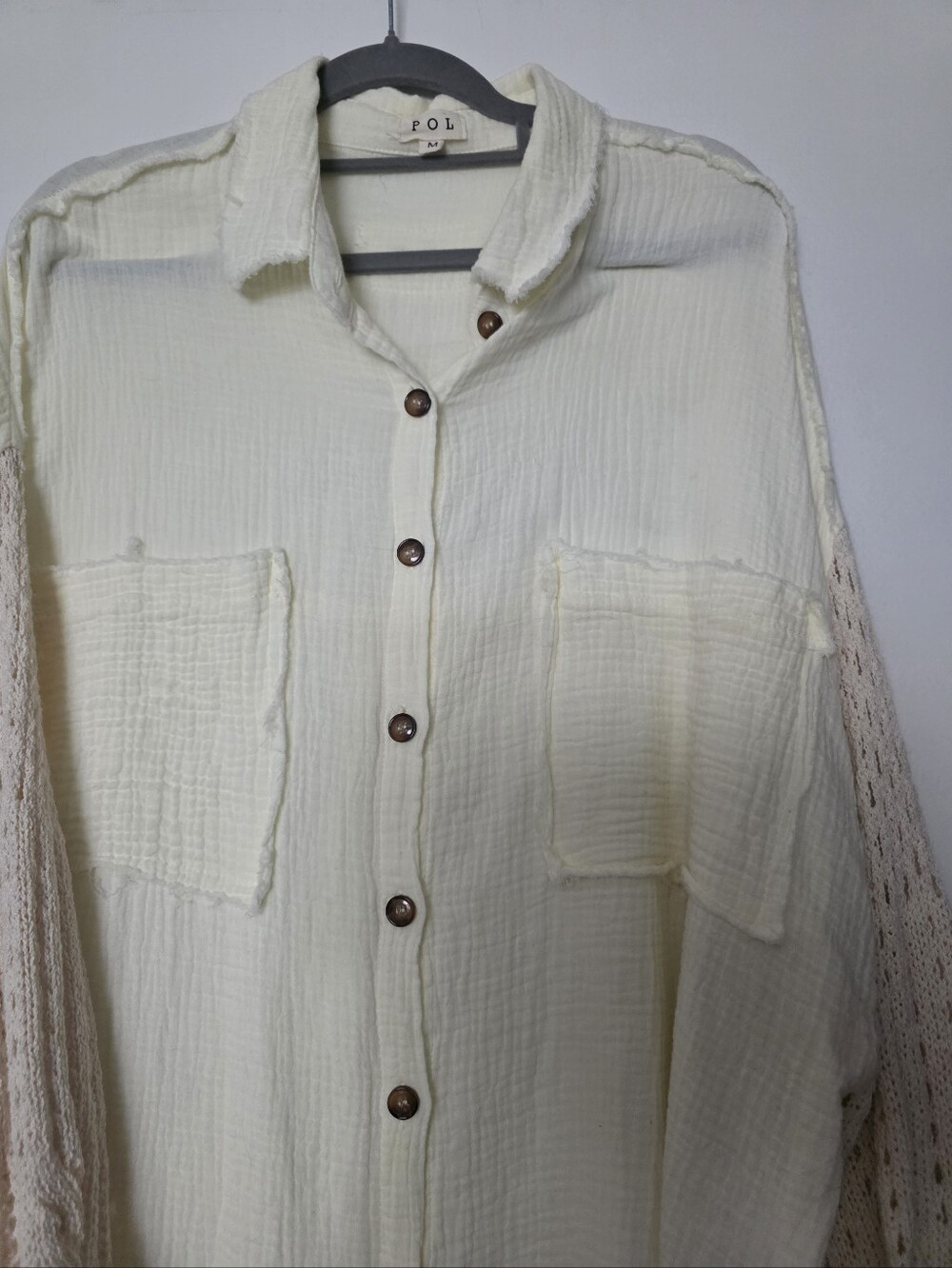 POL Cream Gauze Button-Front Shirt with Crochet Sleeves